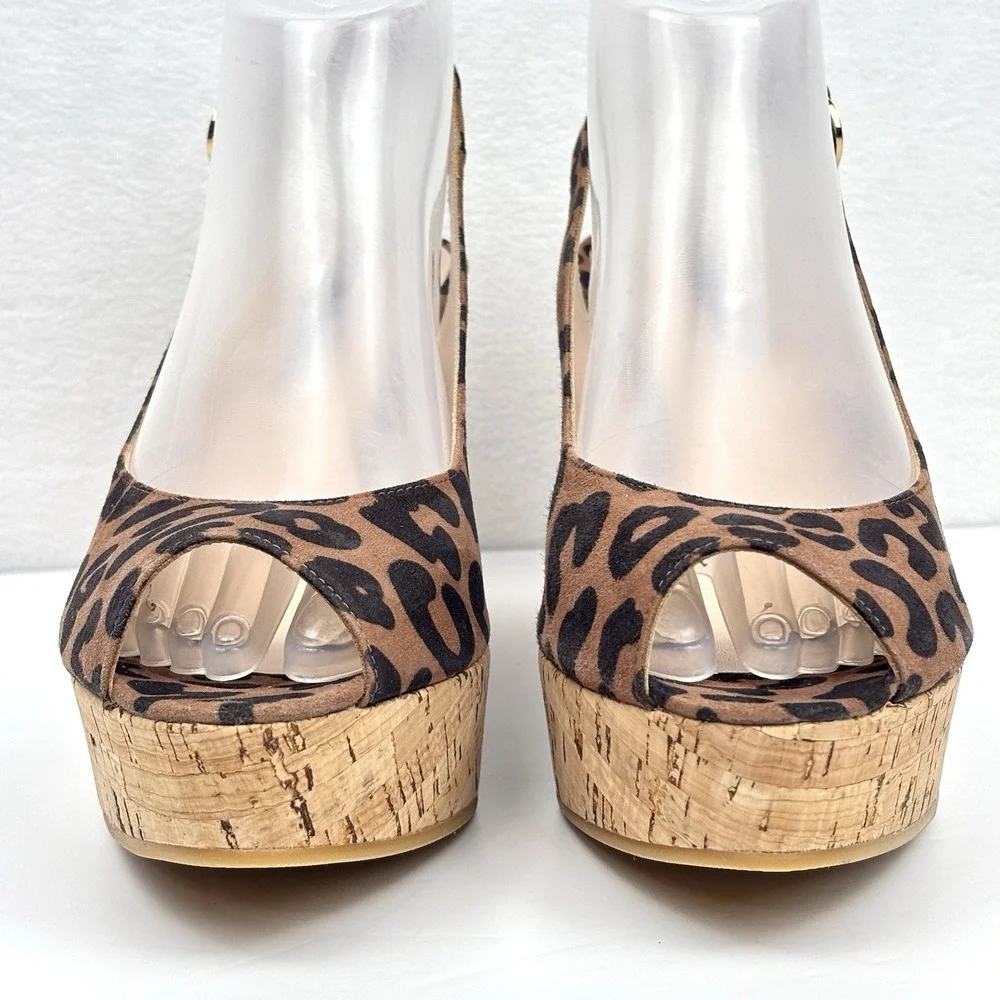 Stuart Weitzman Jean Leopard Cork Slingback Peep Toe Wedge Platform Sandals 8.5M